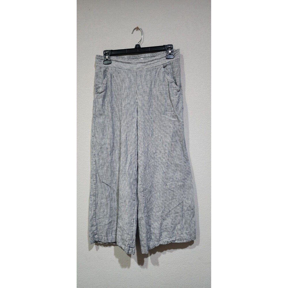 Max Studio Women Sz S Pull On Wide Leg Capri Pants Rayon Linen Blend Blue Stripe